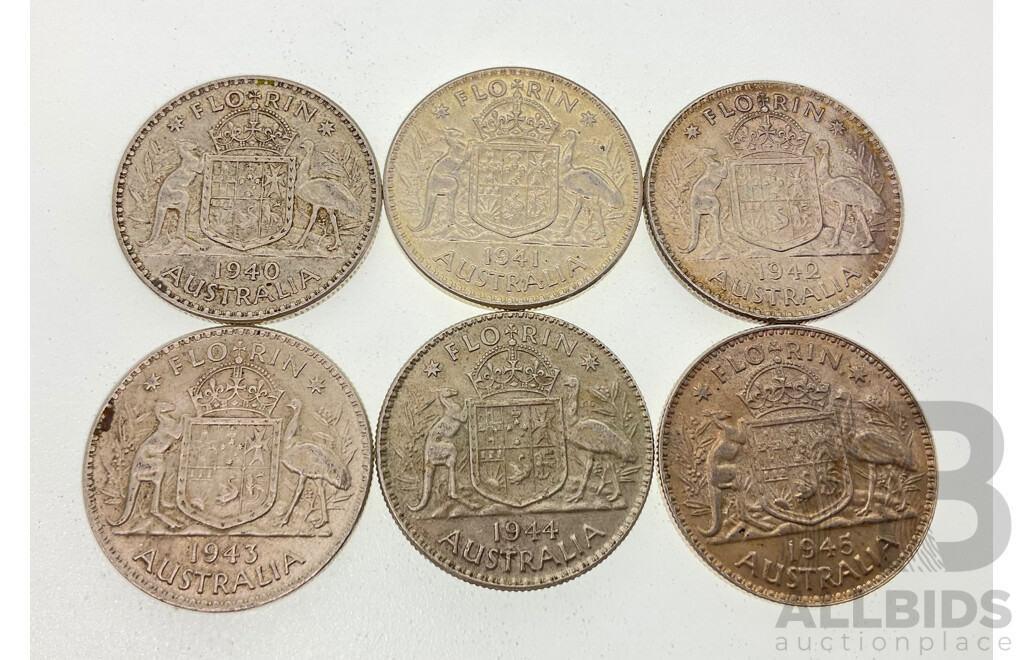 Six Australian KGVI Silver Florins, Consecutive 1940 to 1945  .925
