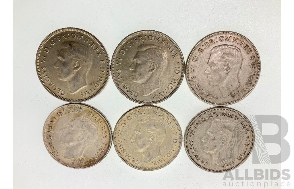 Six Australian KGVI Silver Florins, Consecutive 1940 to 1945  .925