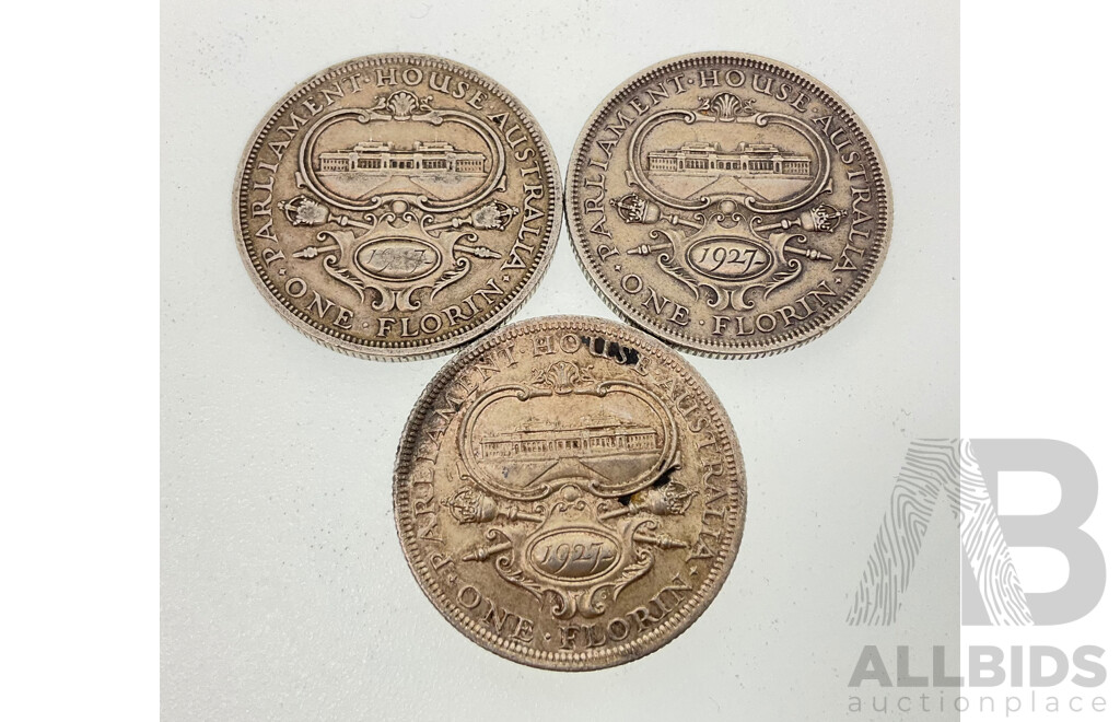 Three Australian 1927 KGV Silver Florins, Canberra Commemorative .925