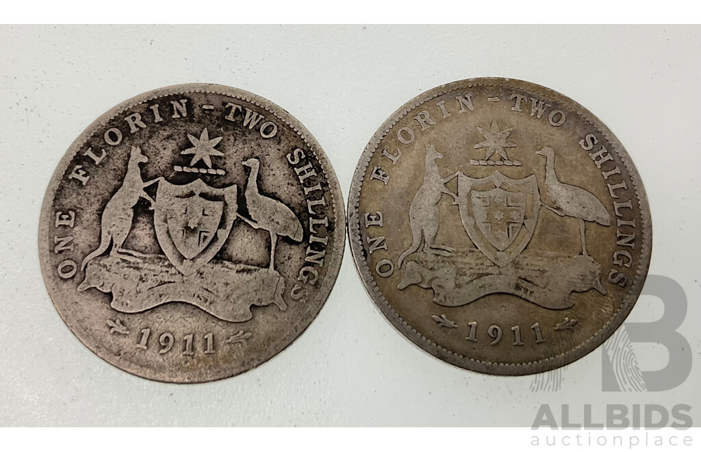 Two Australian 1911 KGV Silver Florins .925