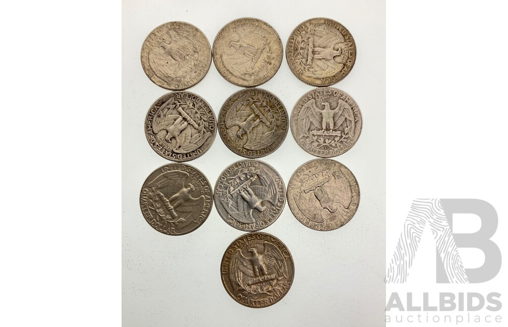 Ten USA Silver Quarters, Examples Spanning 1958 to 1960, All Denver Mint .900