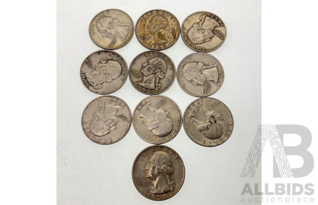 Ten USA Silver Quarters, Examples Spanning 1958 to 1960, All Denver Mint .900