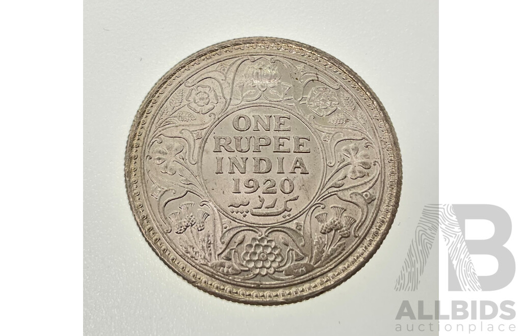 India 1920 KGV Silver One Rupee Coin, Calcutta Mint .917