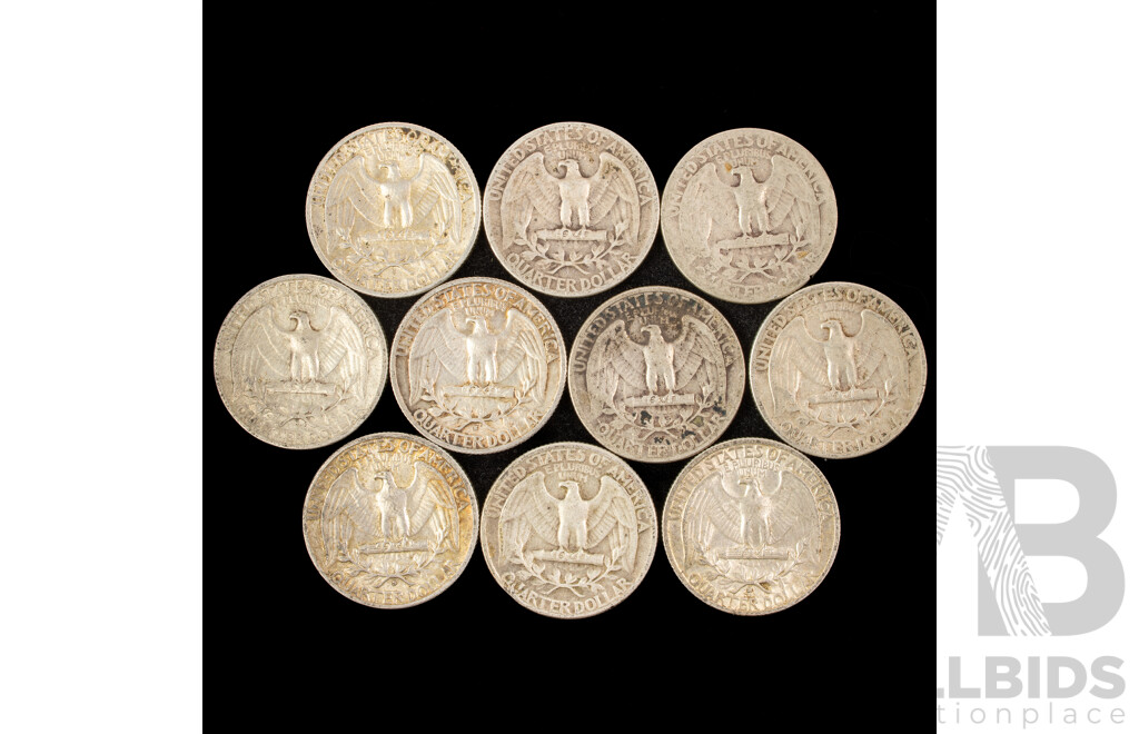 Ten USA 1942 Silver Quarter Dollars Including San Fransisco Mints .900 Silver