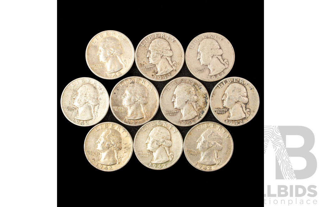 Ten USA 1942 Silver Quarter Dollars Including San Fransisco Mints .900 Silver