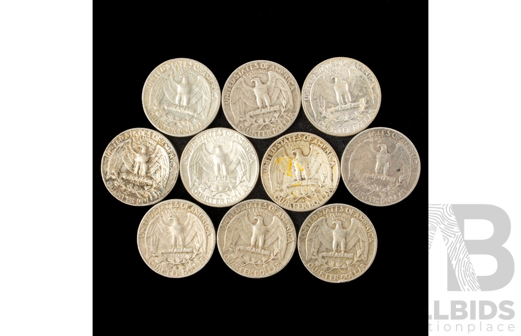 Ten USA Silver Quarter Dollars Including1941, 1942, 1944, 1953, 1954, 1958, 1959, 1960, 1961, 1964, Denver and San Fransisco Mints .900 Silver