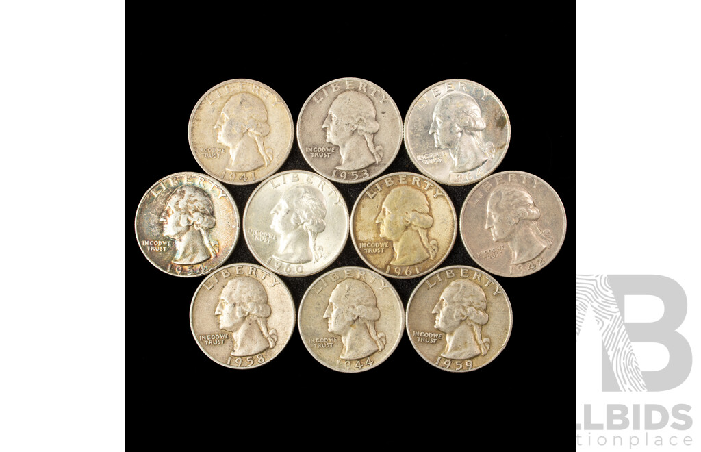 Ten USA Silver Quarter Dollars Including1941, 1942, 1944, 1953, 1954, 1958, 1959, 1960, 1961, 1964, Denver and San Fransisco Mints .900 Silver