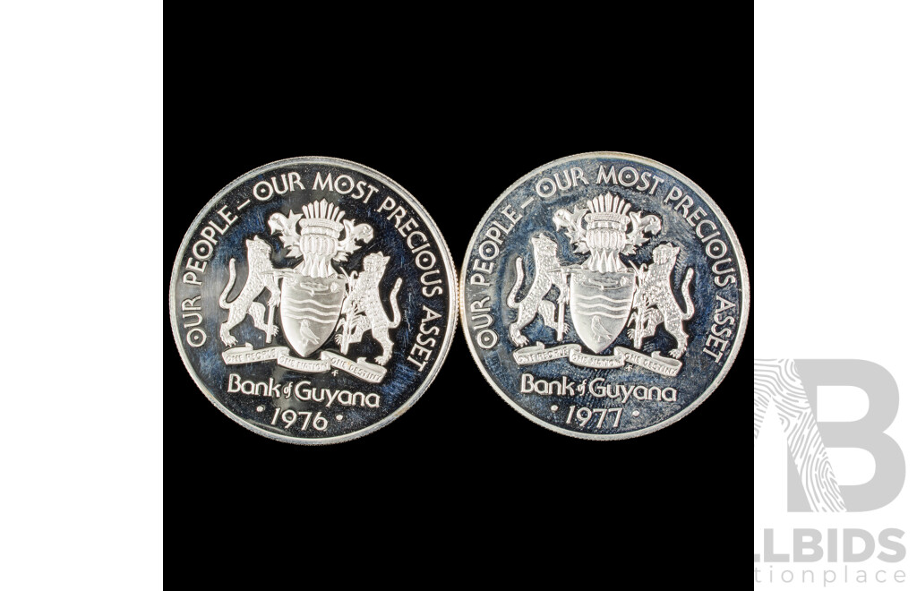 Guyana 1976 and 1977 Silver Five Dollar Coins, 10th Anniversary of Independance .500