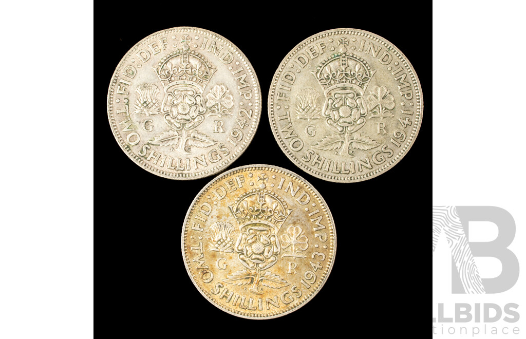 United Kingdom KGVI Silver Two Shillings Including 1941, 1942, 1943 .500
