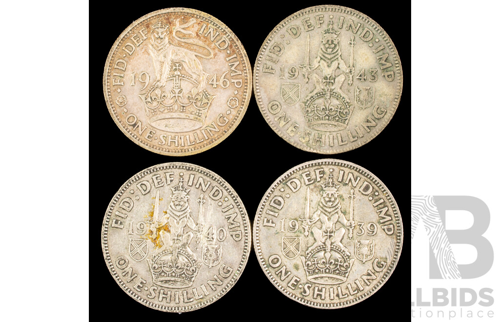 United Kingdom KGVI Silver Shillings Including 1939, 1940, 1943, 1946  .500