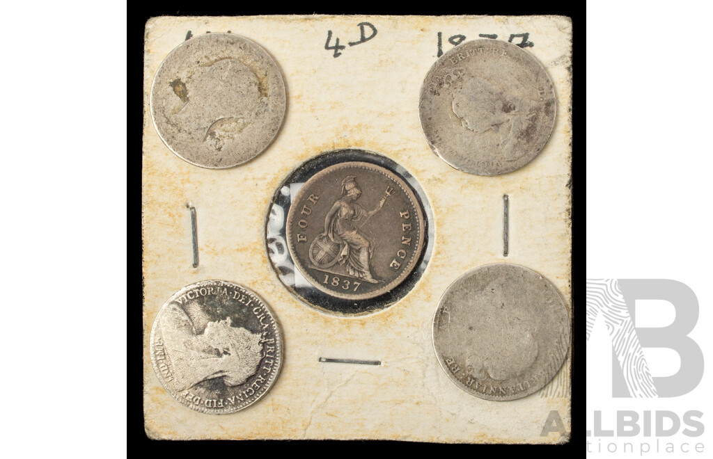 United Kingdom 1837 William IV Silver Fourpence with Four QV Threepence 1849, 1890, 1881, 1900  .925