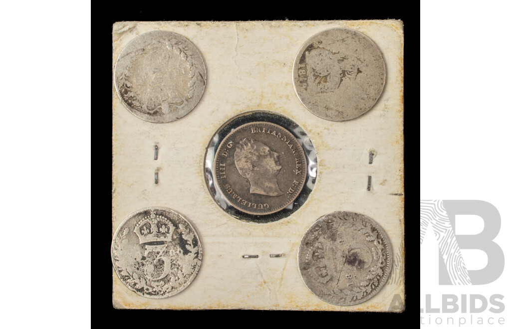 United Kingdom 1837 William IV Silver Fourpence with Four QV Threepence 1849, 1890, 1881, 1900  .925