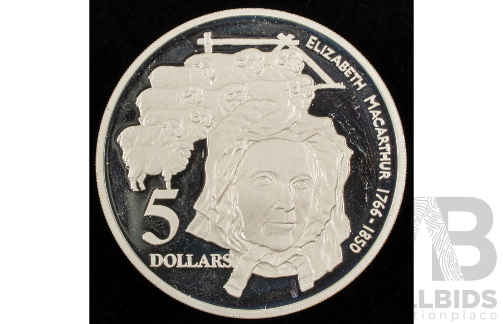 Australian 1995 Silver Proof Five Dollar Coin, Elizabeth Macarthur  .925