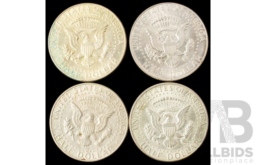 Four USA Kennedy Silver Half Dollars Including 1965, 1966, 1967, 1968 Denver Mint .400