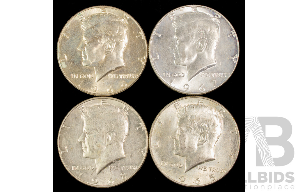Four USA Kennedy Silver Half Dollars Including 1965, 1966, 1967, 1968 Denver Mint .400