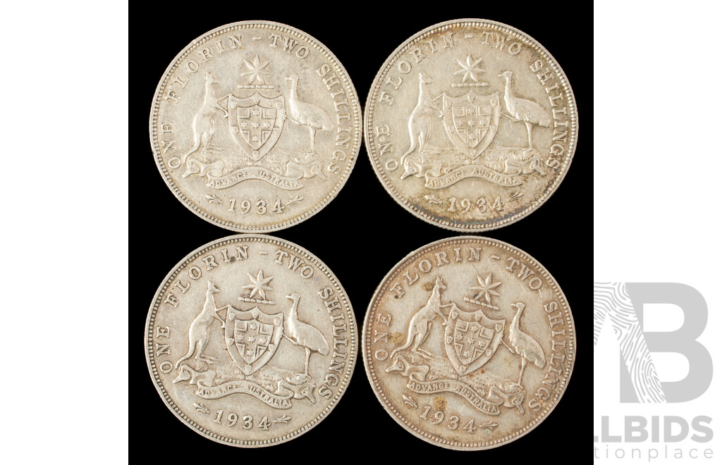 Four Australian 1934 KGV Silver Florins .925