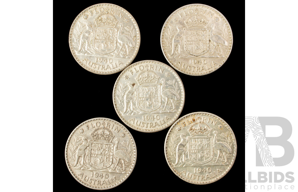 Five Australian 1940 KGVI Silver Florins .925