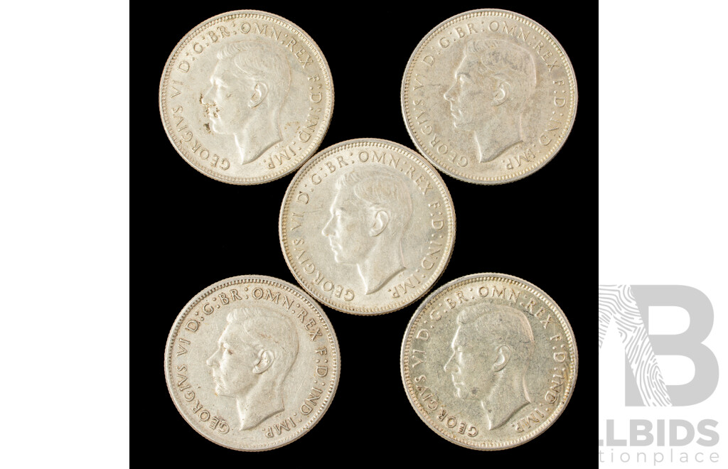 Five Australian 1940 KGVI Silver Florins .925