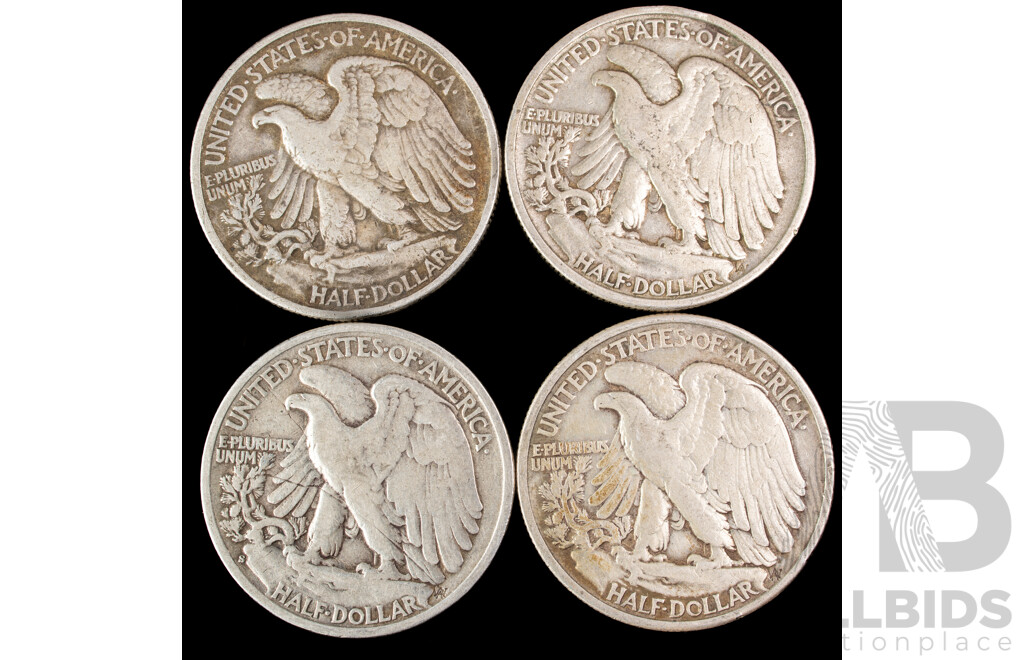 Three USA Silver Walking Liberty Half Dollars 1936, 1937, 1939 Philadelphia Mint .900
