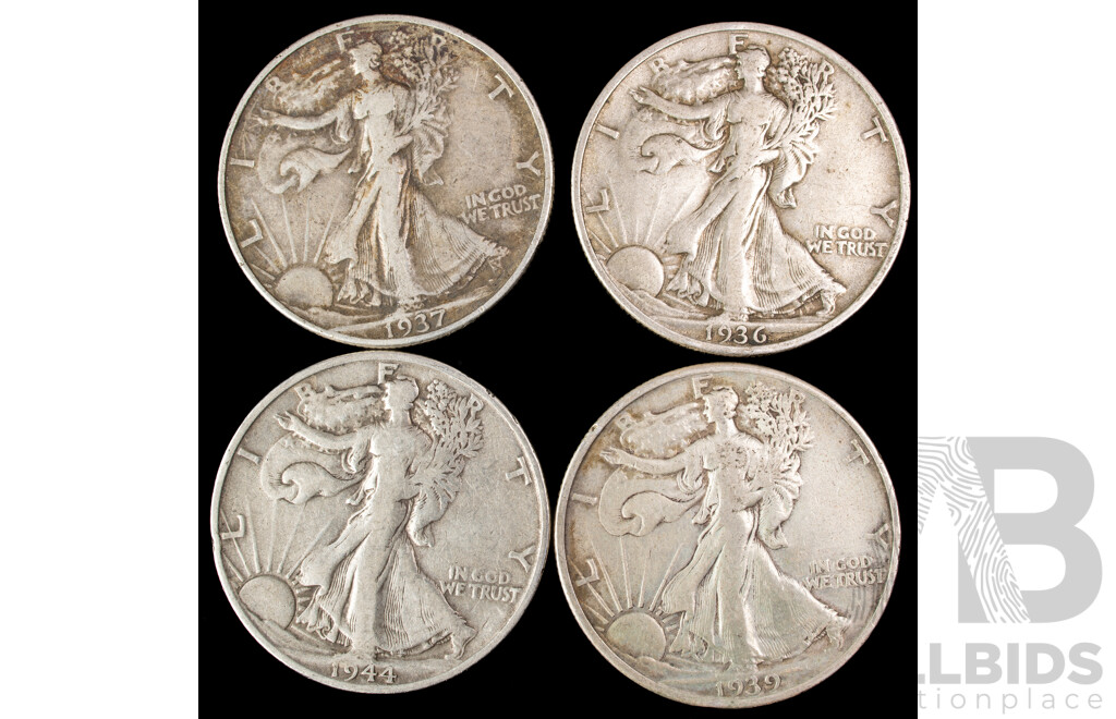 Three USA Silver Walking Liberty Half Dollars 1936, 1937, 1939 Philadelphia Mint .900