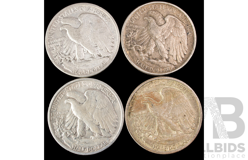 Four USA Silver Walking Liberty Half Dollars 1942, 1943, 1944, 1946 Including San Fransisco Mint .900