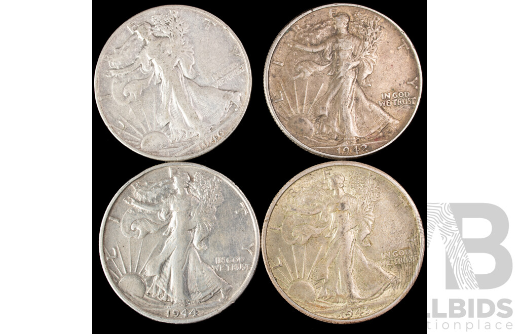 Four USA Silver Walking Liberty Half Dollars 1942, 1943, 1944, 1946 Including San Fransisco Mint .900