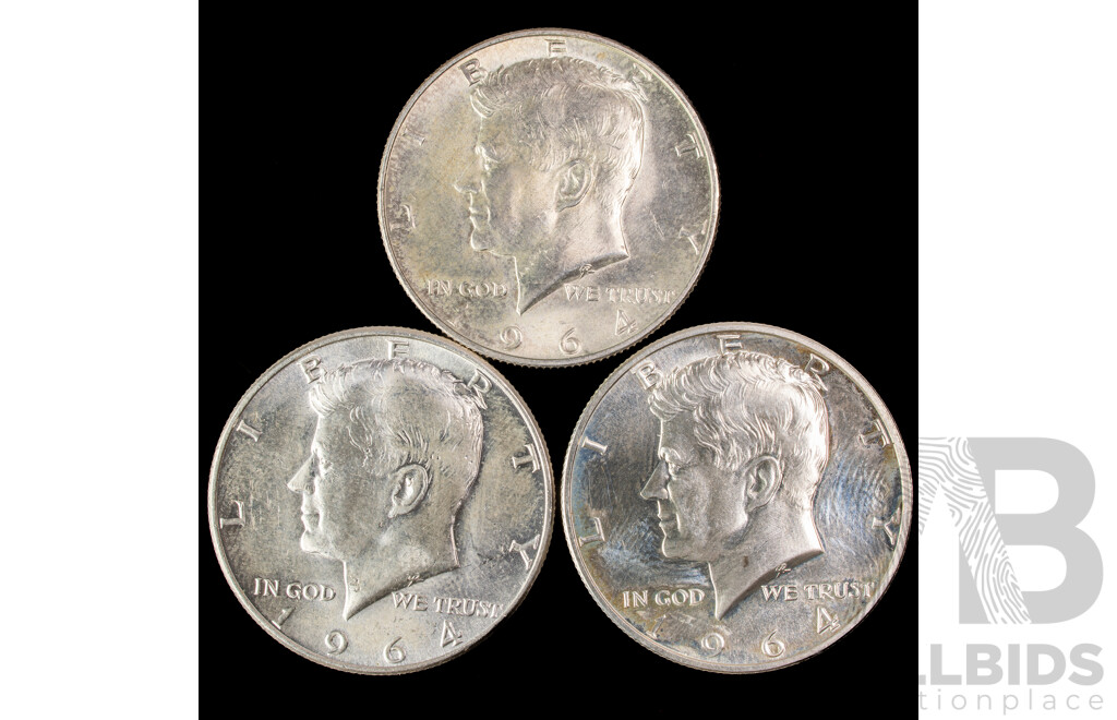 Three USA 1964 Silver Kennedy Half Dollars .900