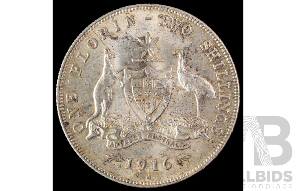 Australian 1916 KGV Silver Florin, Melbourne Mint .925