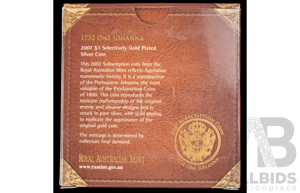 Australian RAM 2007 Silver/Selectively Gold Plated One Johanna Coin, 1732 Portuguese One Johanna Reproduction .999