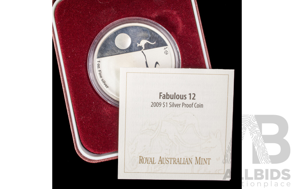 Australian RAM 2009 Silver Proof One Dollar Coin, Kangaroo at Sunset, F12 Privy Mark .999