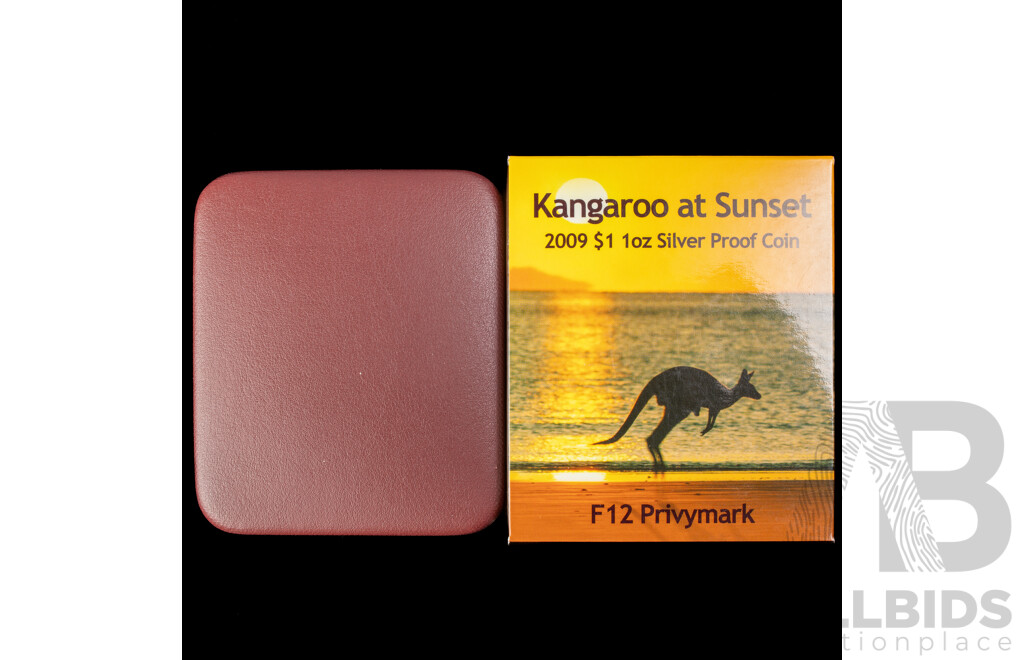 Australian RAM 2009 Silver Proof One Dollar Coin, Kangaroo at Sunset, F12 Privy Mark .999