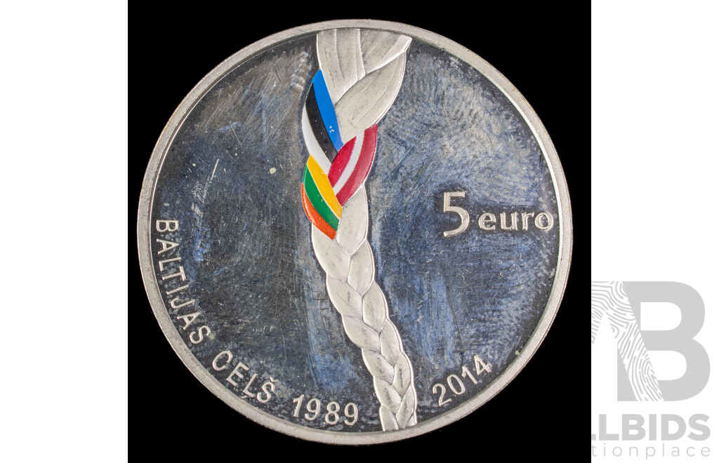 Latvia 2014 Silver Five Euros Coin, 25th Anniversary of the Baltic Way .925