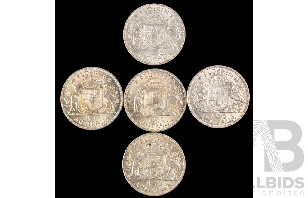 Five Australian 1943 Silver Florins Including San Fransisco Mint .925