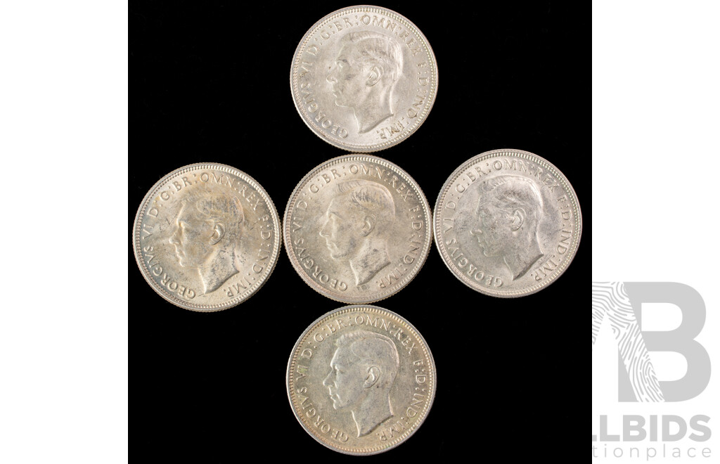 Five Australian 1943 Silver Florins Including San Fransisco Mint .925
