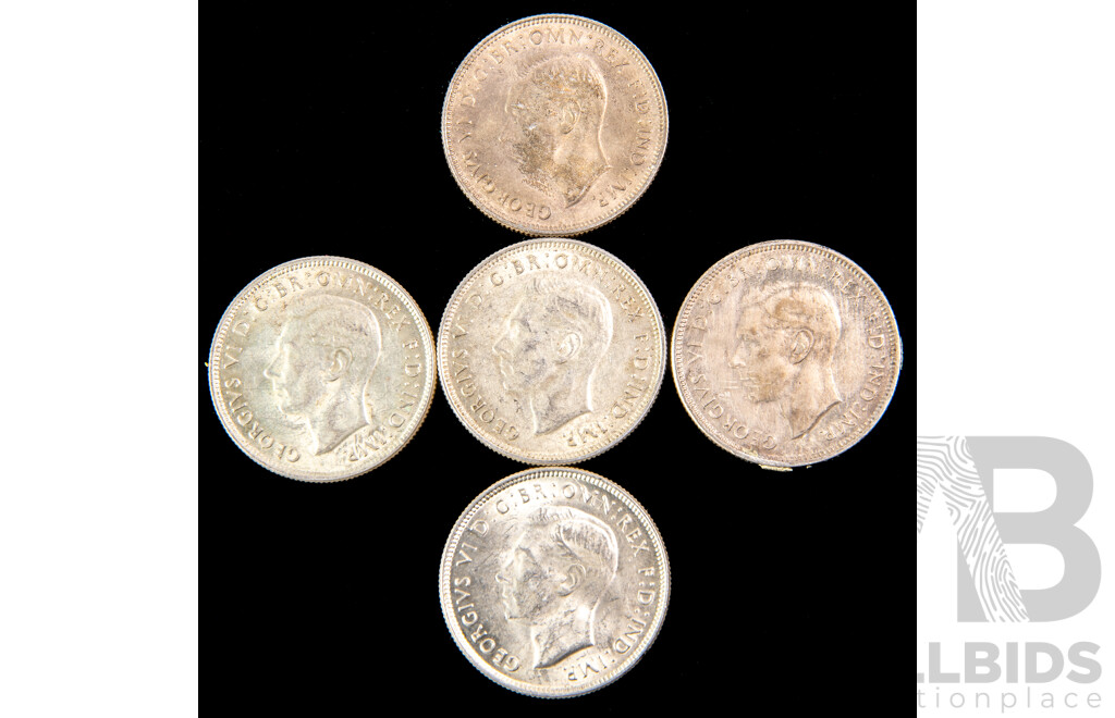 Five Australian 1939 Silver Florins .925