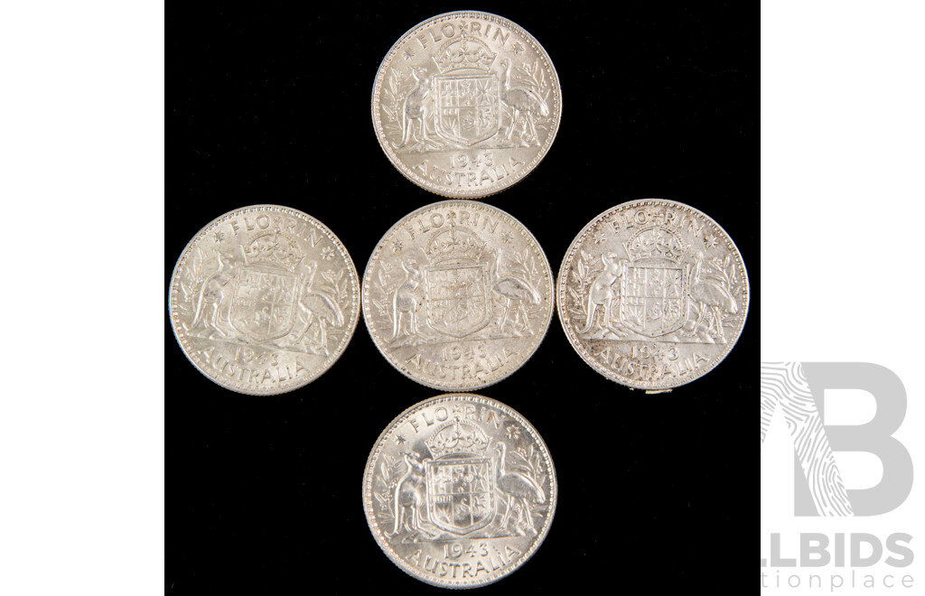 Five Australian 1939 Silver Florins .925