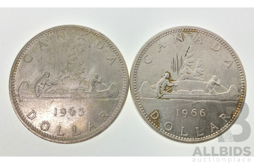 Two Canadian Silver One Dollar Coins 1965 and 1966 .800