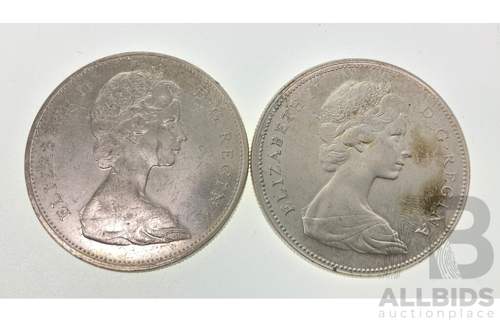 Two Canadian Silver One Dollar Coins 1965 and 1966 .800