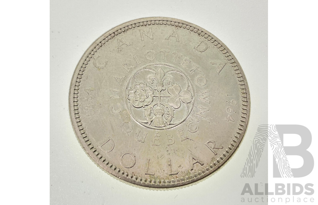 Canadian 1964 Silver One Dollar Coin, Commemorative 100th Anniversary of Charlottetown & Quebec Conferences .800