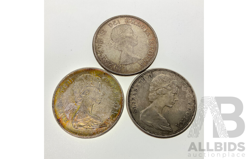 Three Canadian Silver Fifty Cent Coins, 1964, 1965, 1966 .800