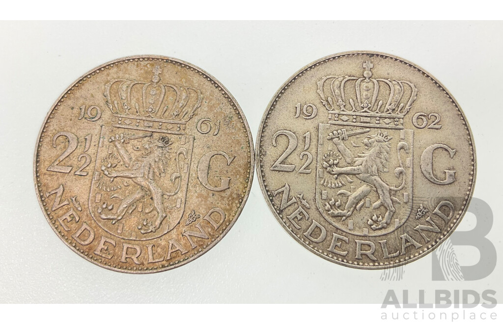 Netherlands 1961 and 1962 Silver Two and Half Gulden Coins .720