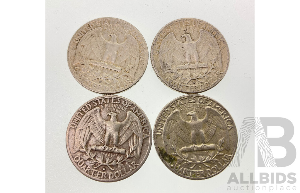 Four USA Silver Quarters 1958, 1959, 1960, 196, All Denver Mint .900