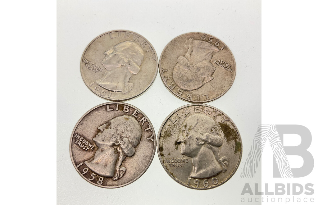 Four USA Silver Quarters 1958, 1959, 1960, 196, All Denver Mint .900