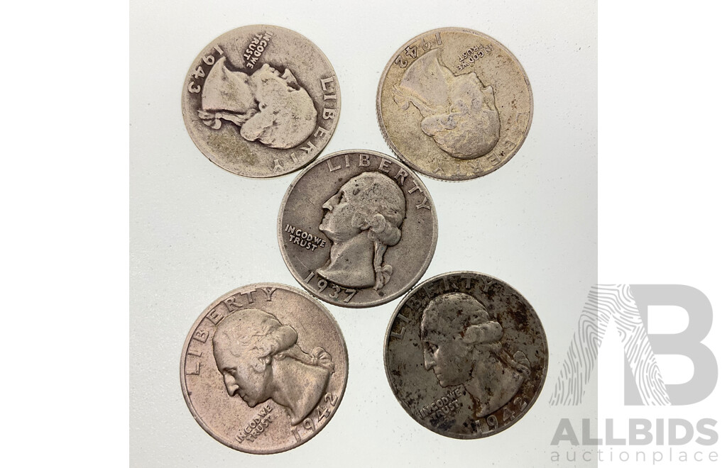 Five USA Silver Quarters 1937, 1942(3) 1943 Including San Fransisco Mint .900