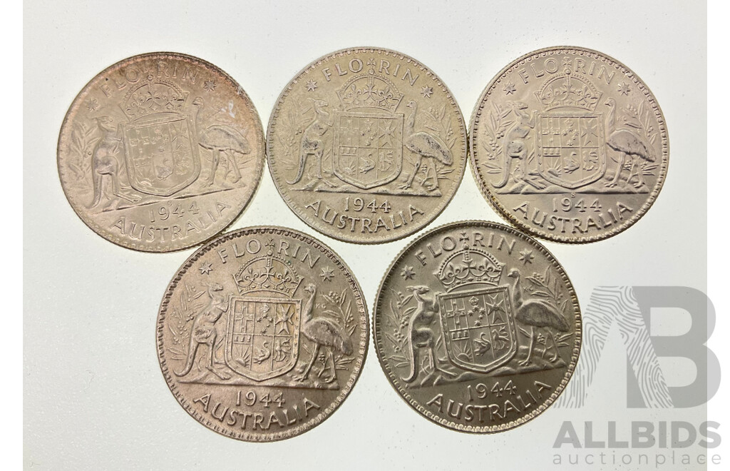 Five Australian 1944 KGVI Silver Florins Including San Fransisco Mint .925