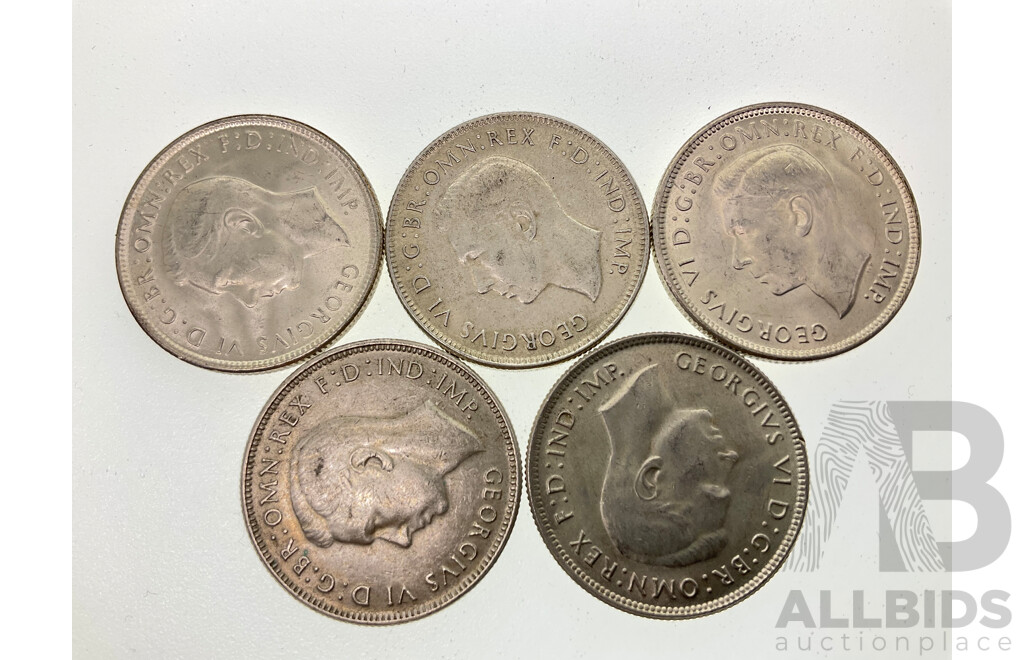 Five Australian 1944 KGVI Silver Florins Including San Fransisco Mint .925