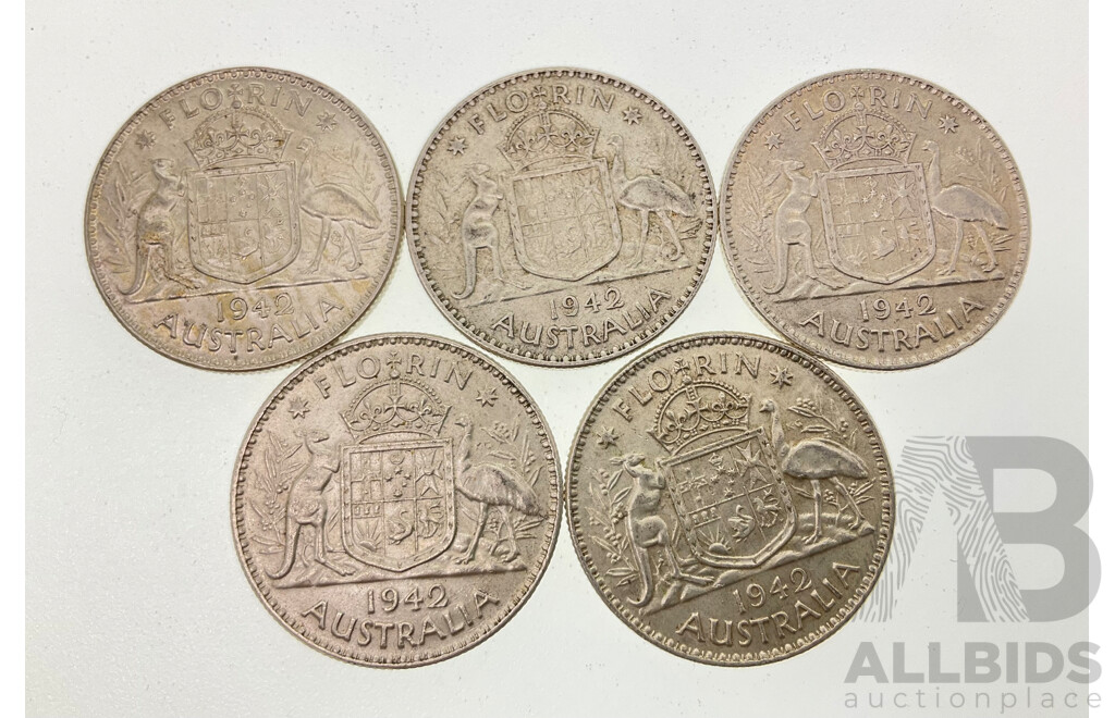 Five Australian 1942 KGVI Silver Florins Including San Fransisco Mint .925