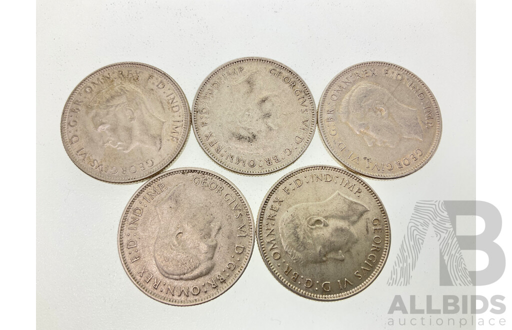 Five Australian 1942 KGVI Silver Florins Including San Fransisco Mint .925