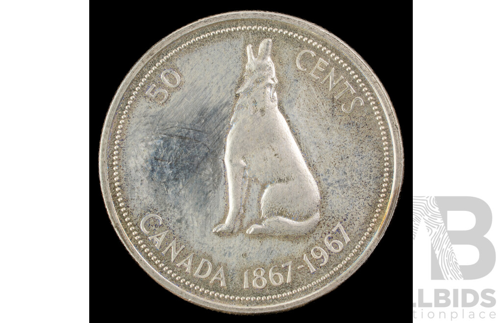 Canada 1967 Silver Fifty Cent Coin, Commemorative 100th Anniversary of Canada .800