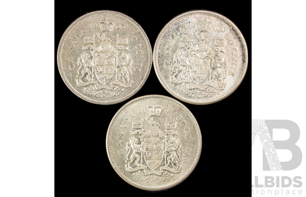 Three Canadian Silver Fifty Cent Coins 1964, 1965, 1966 .800
